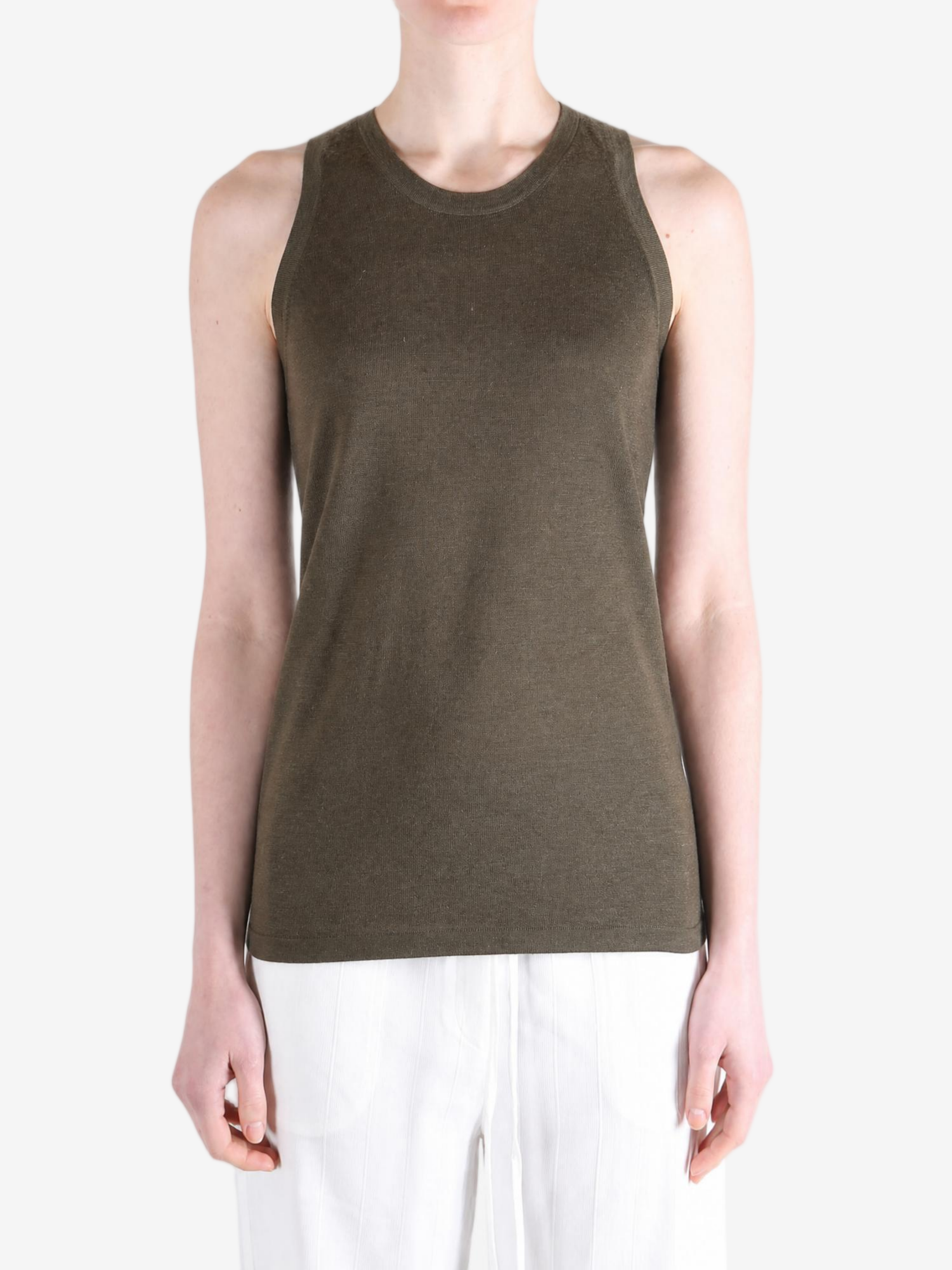 Brown top worn by a person, showing the top fit
