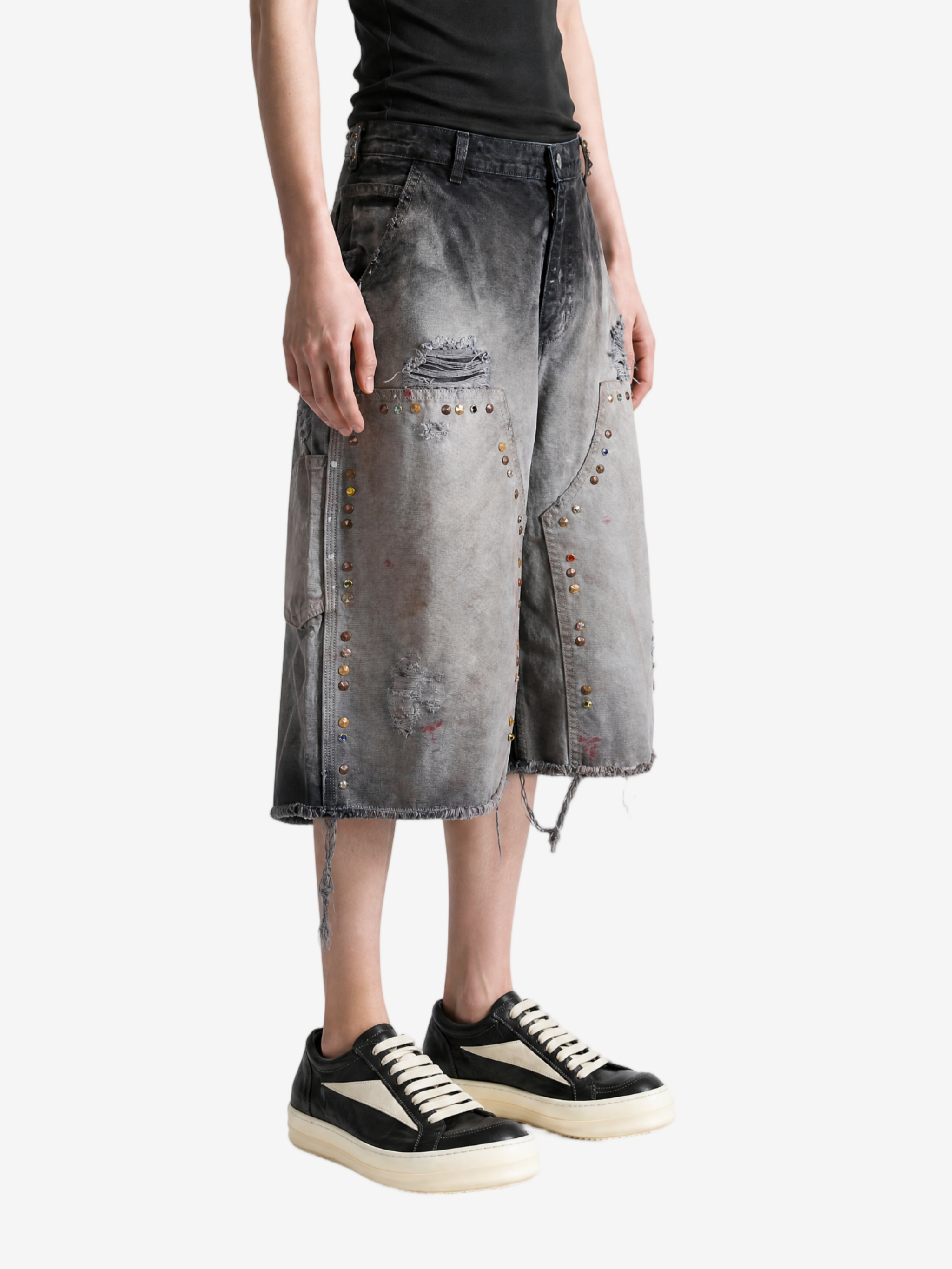 Grey shorts, full body view