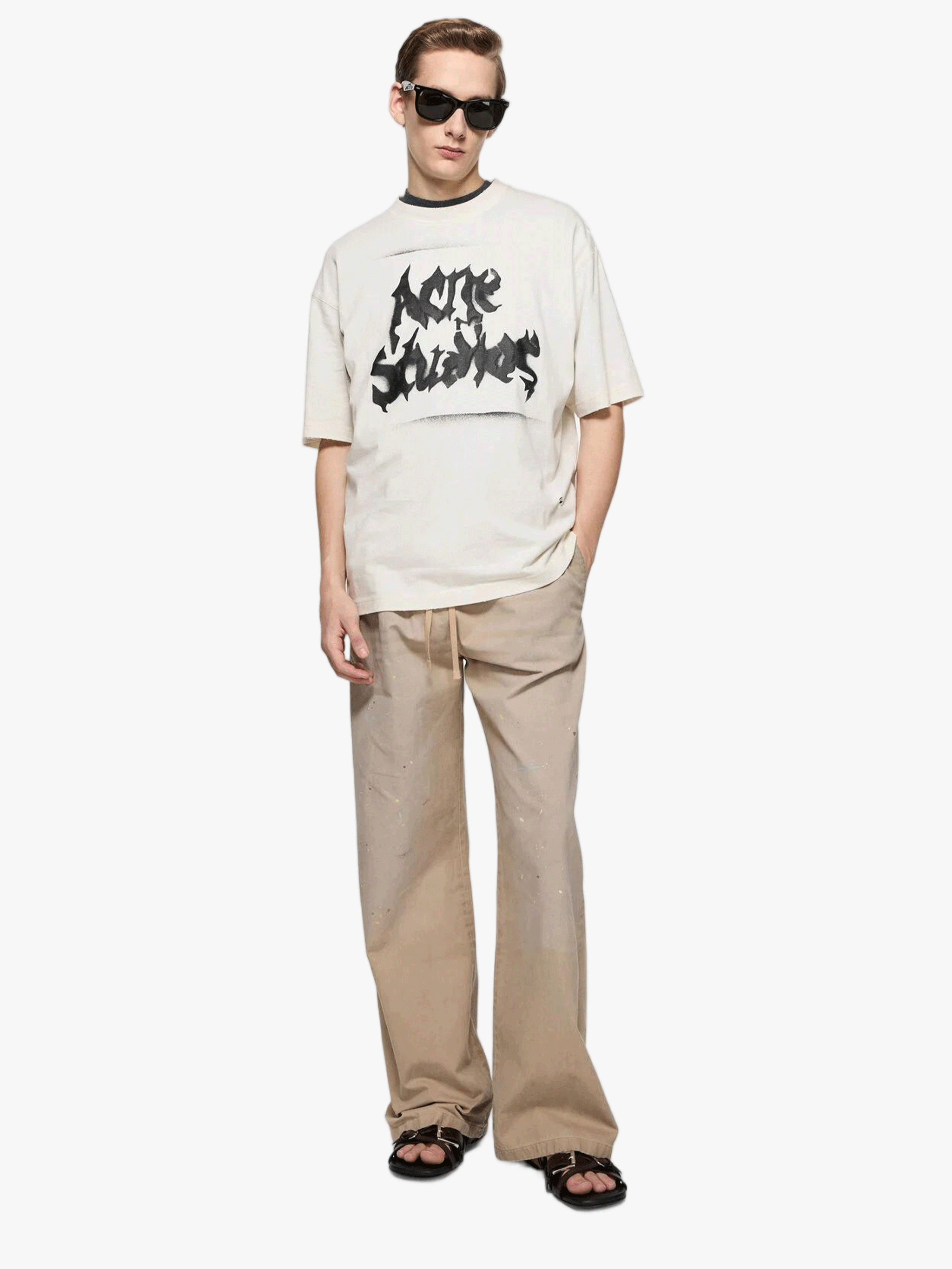 Tan t-shirt, full body view