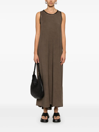 Brown sleeveless dress, full body view