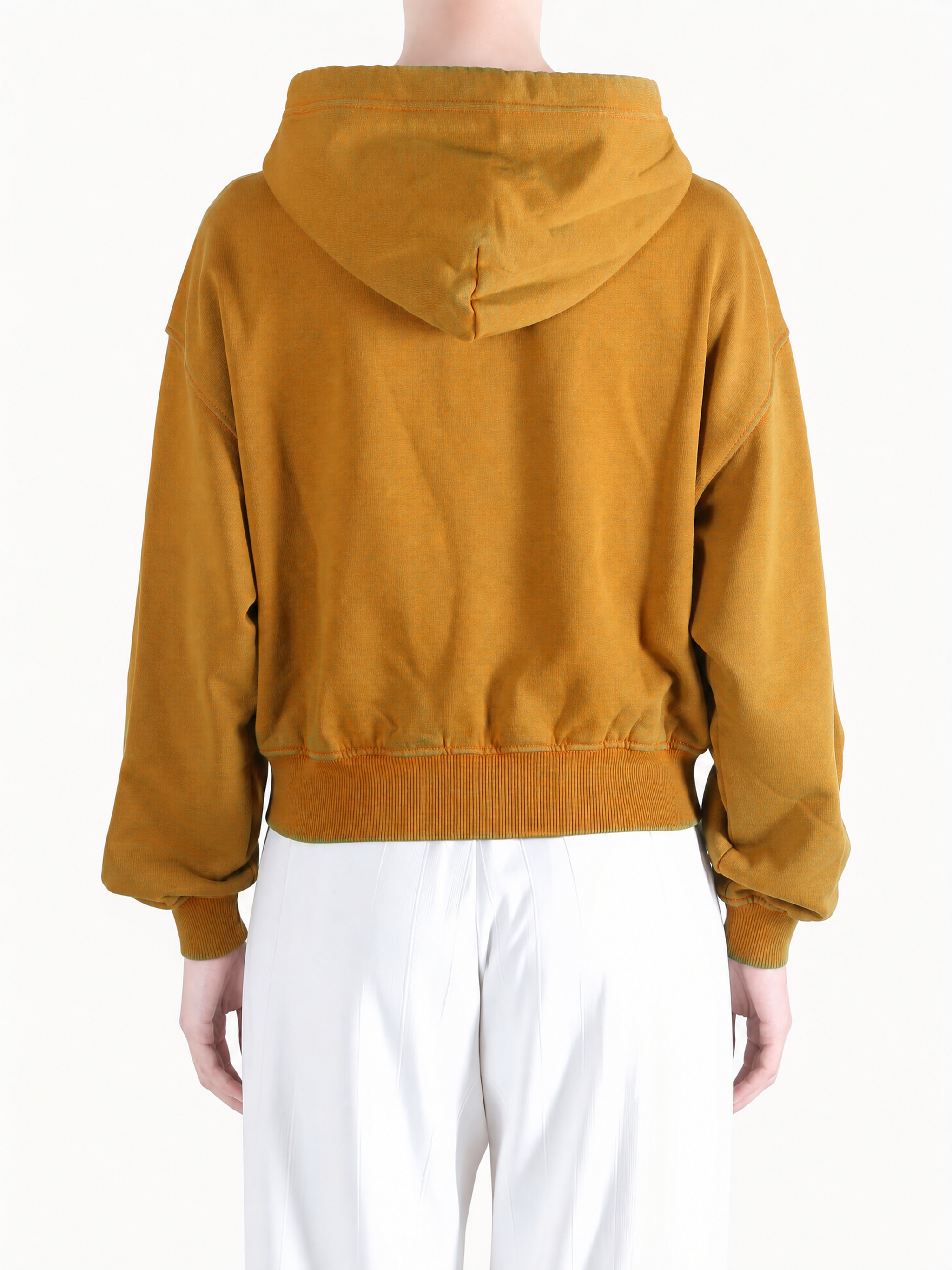 Orange hoodie, full body view