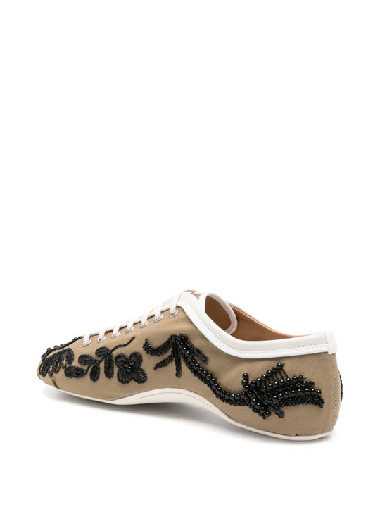Tan shoes, side view