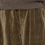 Close up of brown pant, showing the texture of cotton fabric