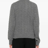 Grey knitwear worn by a person, showing the knitwear's fit