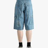 Blue short worn by a person, showing the fit