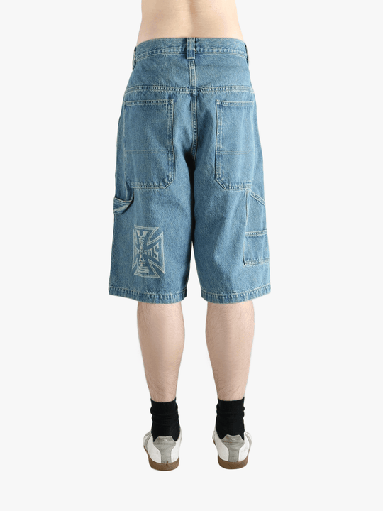 Blue short worn by a person, showing the fit