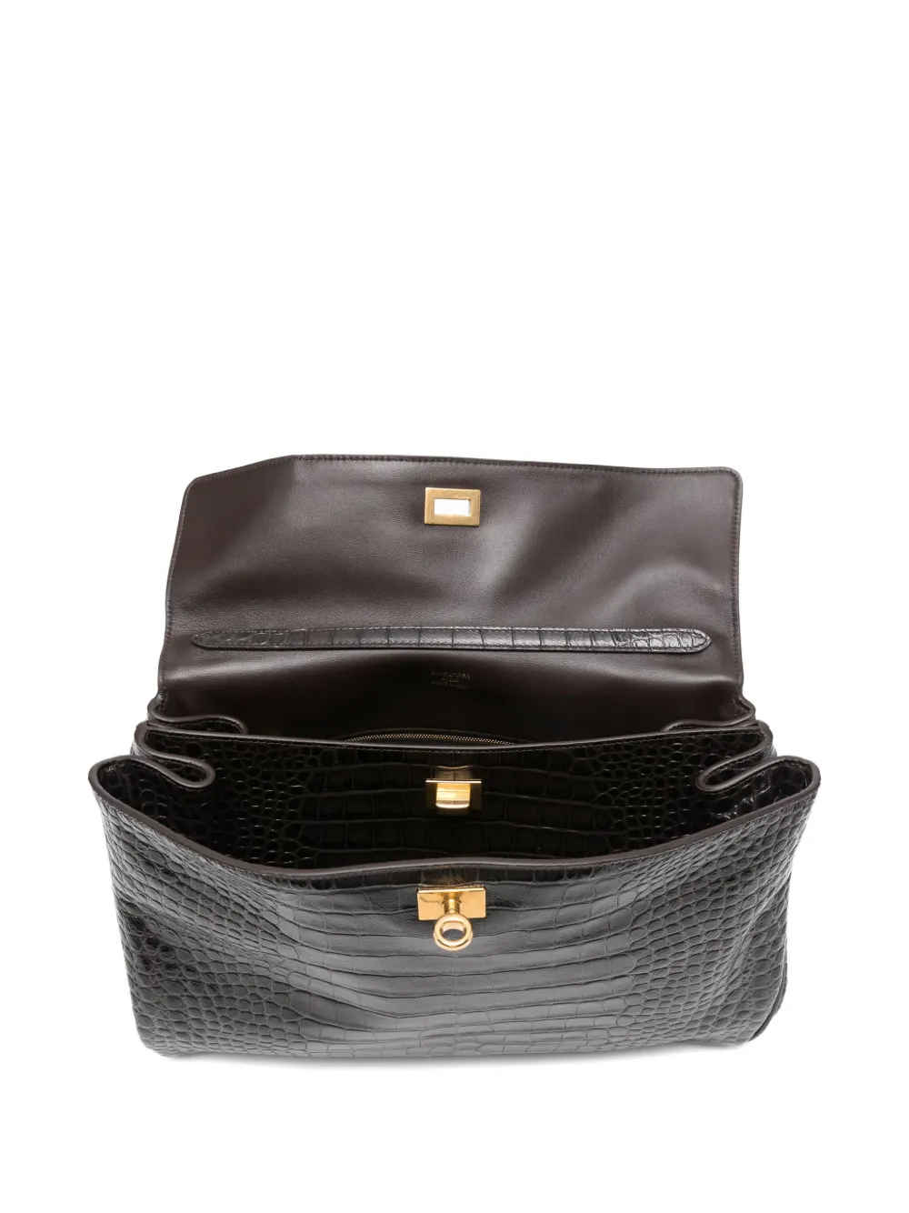 Close up of black bag, showing texture of the leather fabric