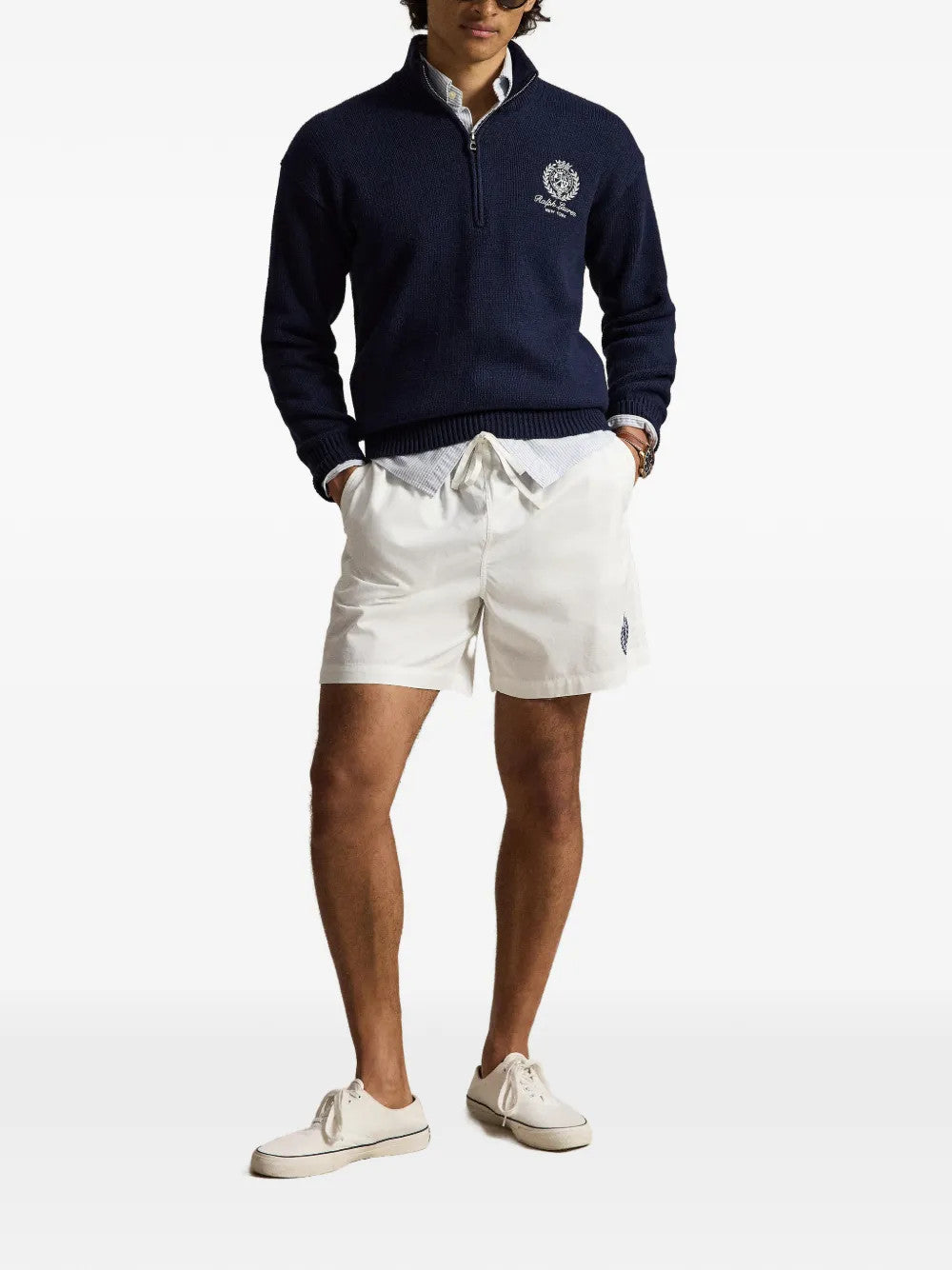 Navy hoodie, full body view