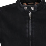 Close up of Black jacket, showing texture of the 82% cotton/ 18% lyocell fabric