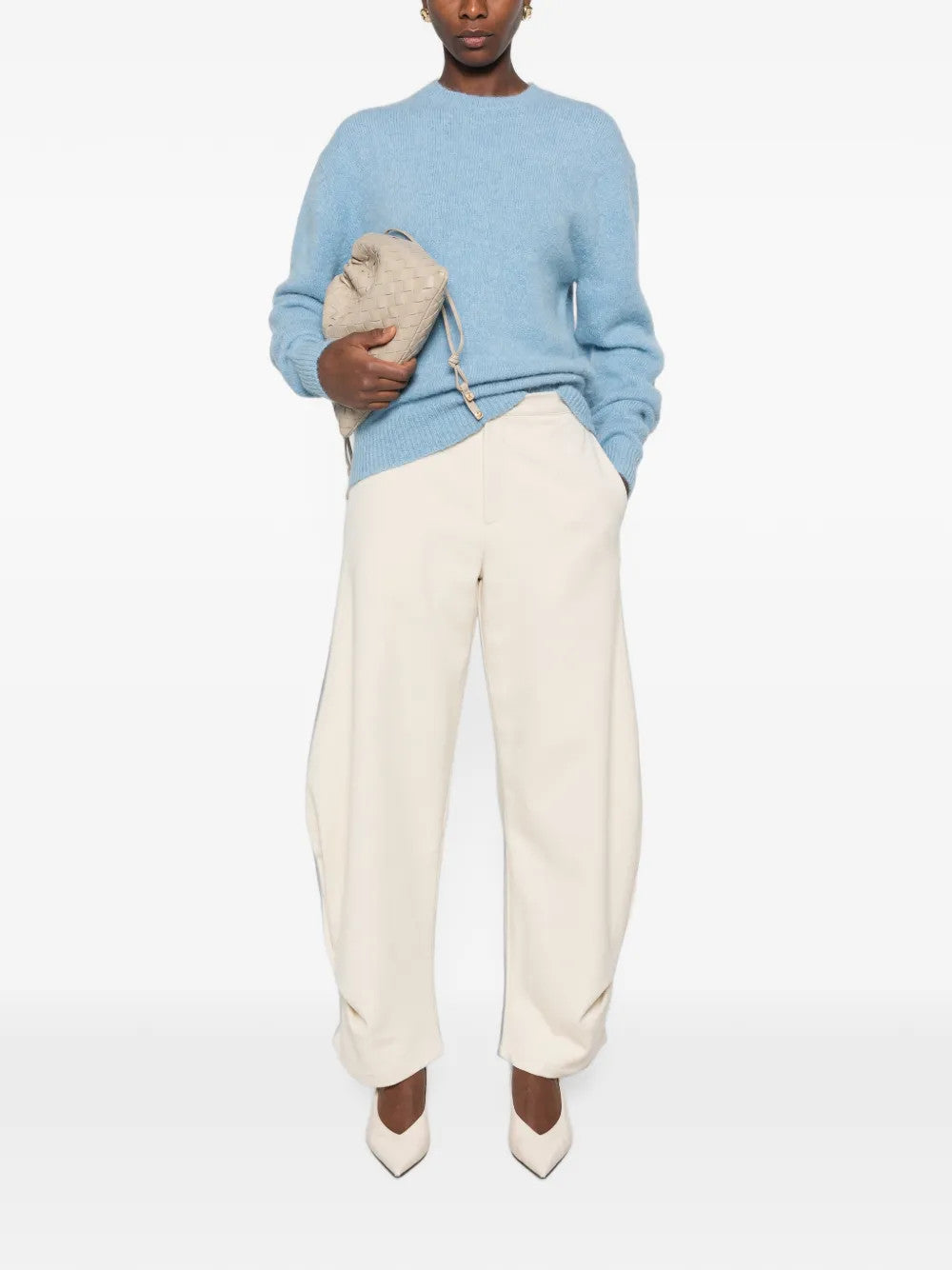 Blue knitwear, full body view