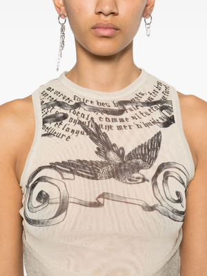 JEAN PAUL GAULTIER - Women Printed "Tattoo Rose & Bird" Double Layer Mesh Tank Top