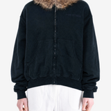 Navy hoodie, full body view