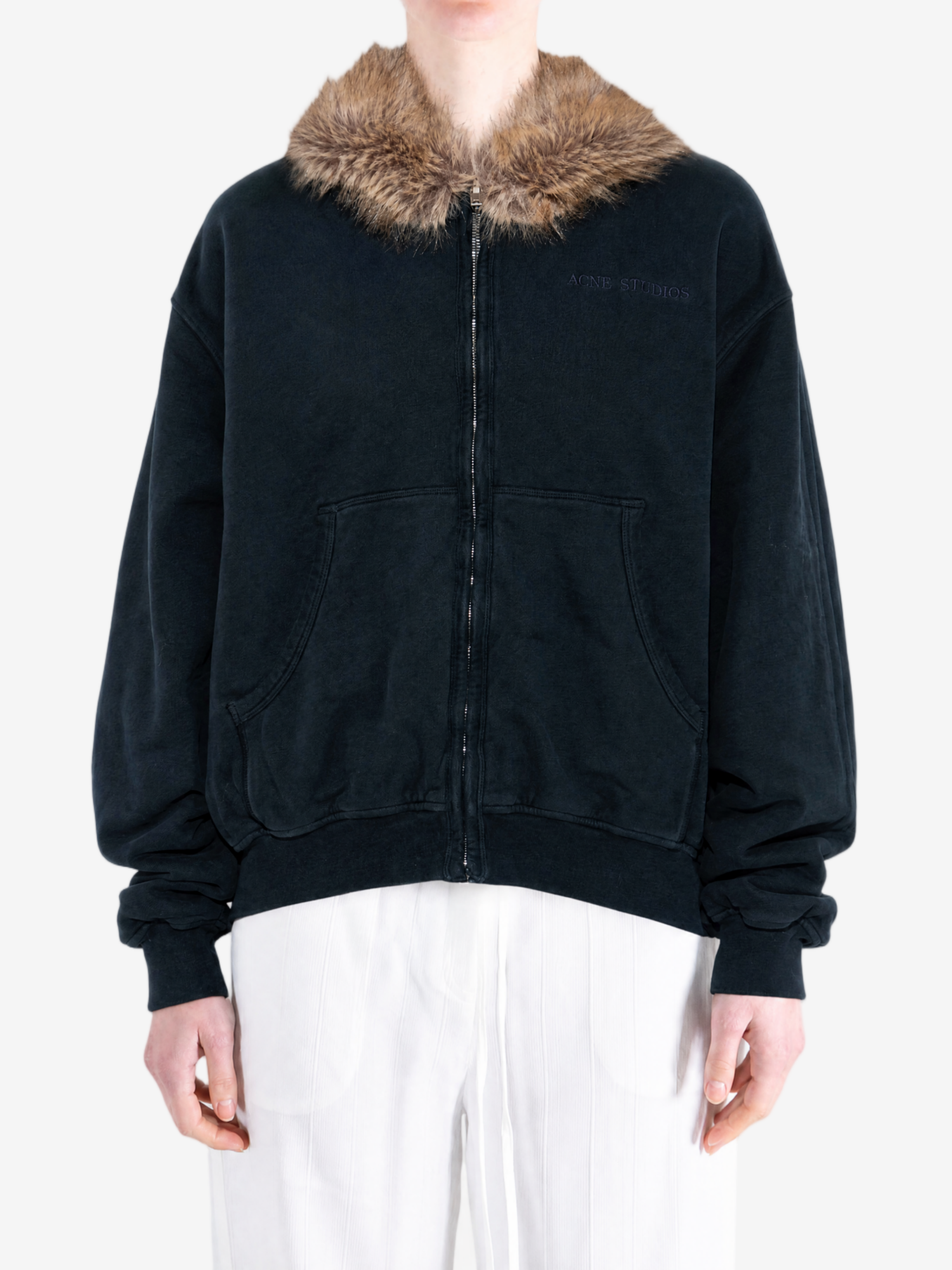 Navy hoodie, full body view