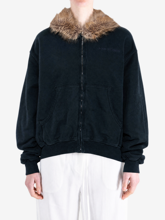 Navy hoodie, full body view
