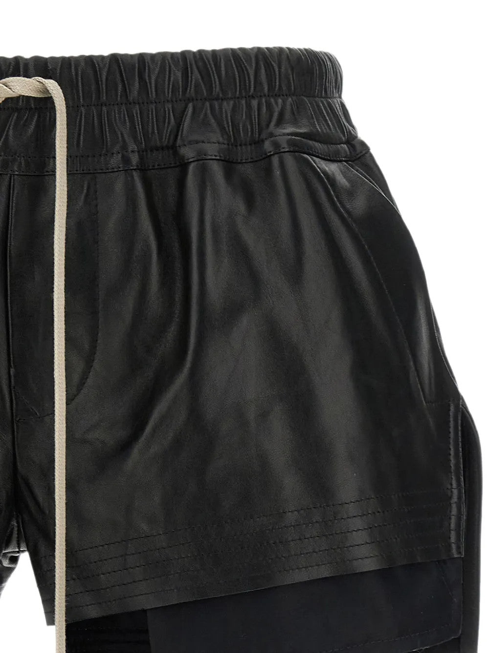 Close up of Black shorts, showing texture of the 48% alpaca/ 30% nylon/ 20% wool/ 2% spandex fabric