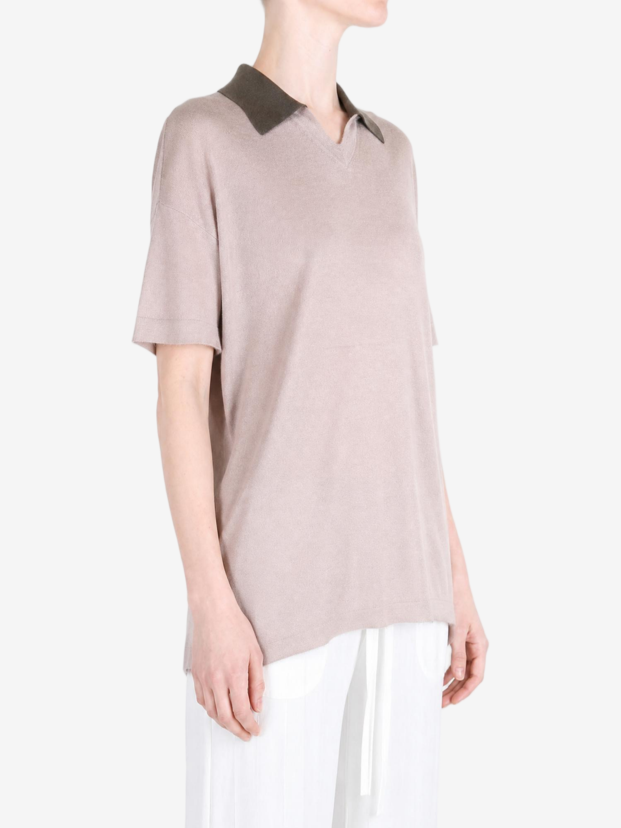 Tan t-shirt worn by a person, showing the t-shirt fit