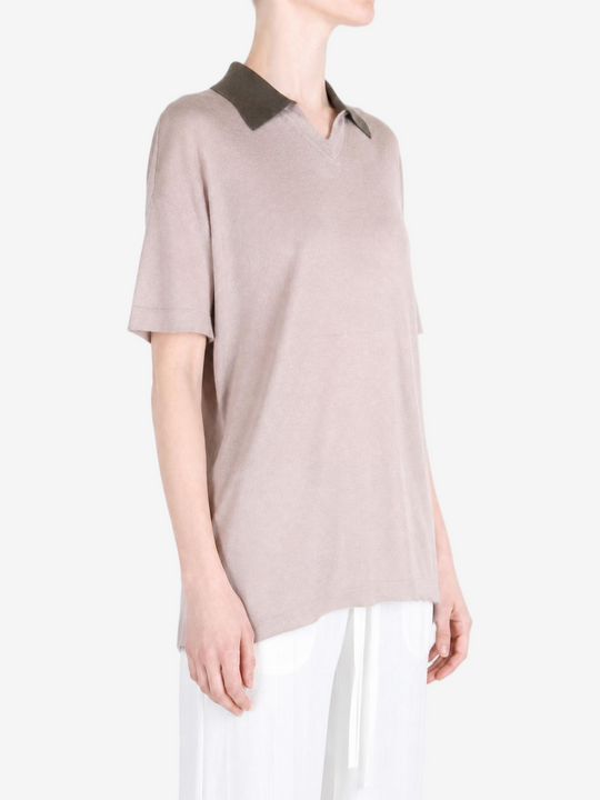 Tan t-shirt worn by a person, showing the t-shirt fit