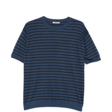 Blue and black striped T-shirt, front view