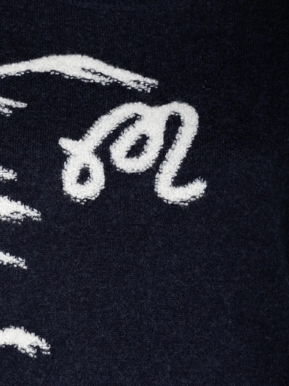 Close up of Navy hoodie, showing texture of the 50% acrylic/ 32% nylon/ 12% wool/ 6% cashmere fabric