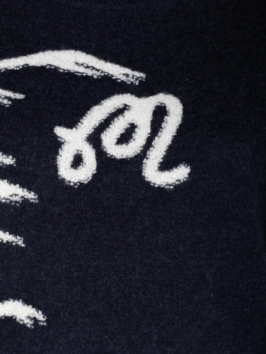 Close up of Navy hoodie, showing texture of the 50% acrylic/ 32% nylon/ 12% wool/ 6% cashmere fabric