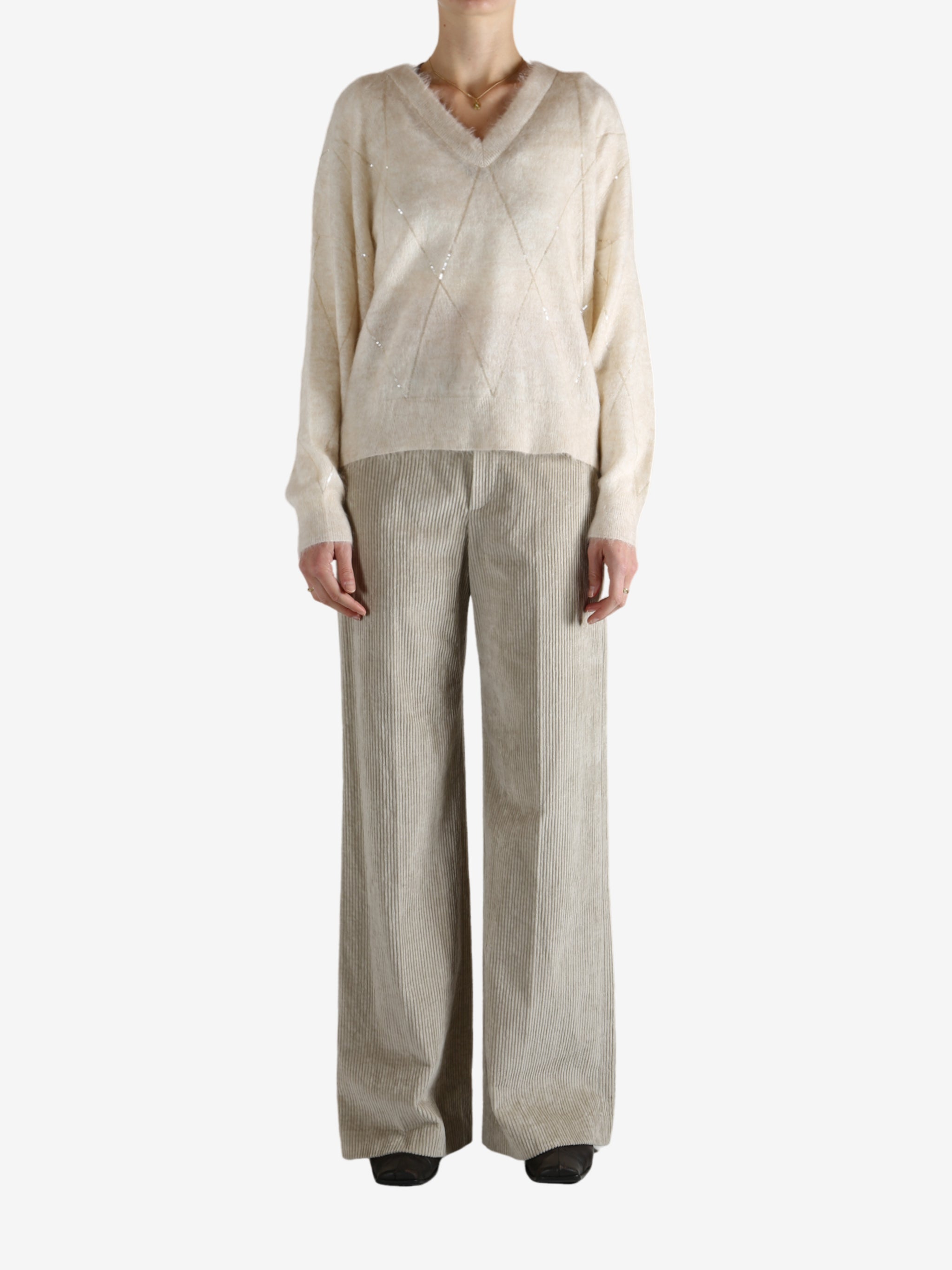 Tan knitwears, full body view