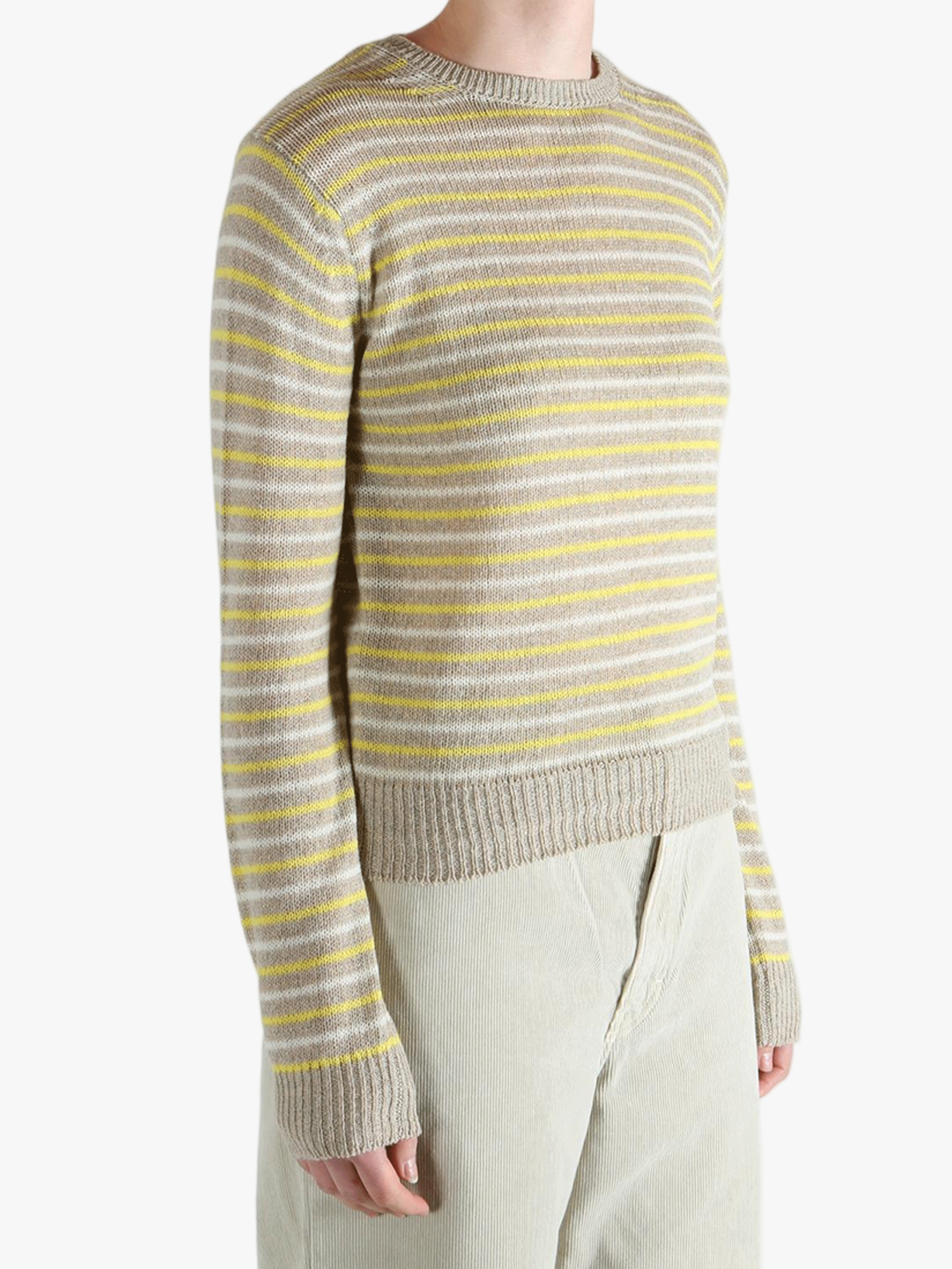 Yellow knitwear worn by a person, showing the knitwear fit