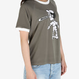 Grey tee worn by a person, showing the 
 tee's fit