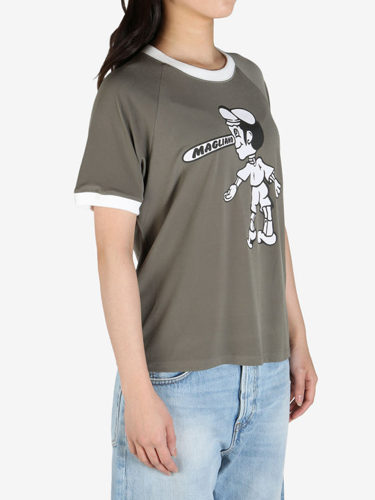 Grey tee worn by a person, showing the 
 tee's fit