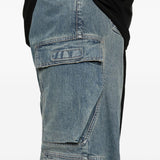 Close up of blue jeans, showing texture of the polyester and cotton fabric