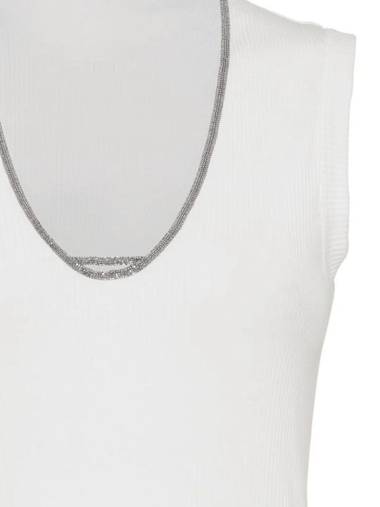 Close up of white tops, showing texture of the cotton and elastane fabric