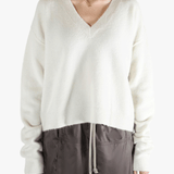 White sweater worn by a person, showing the sweater fit