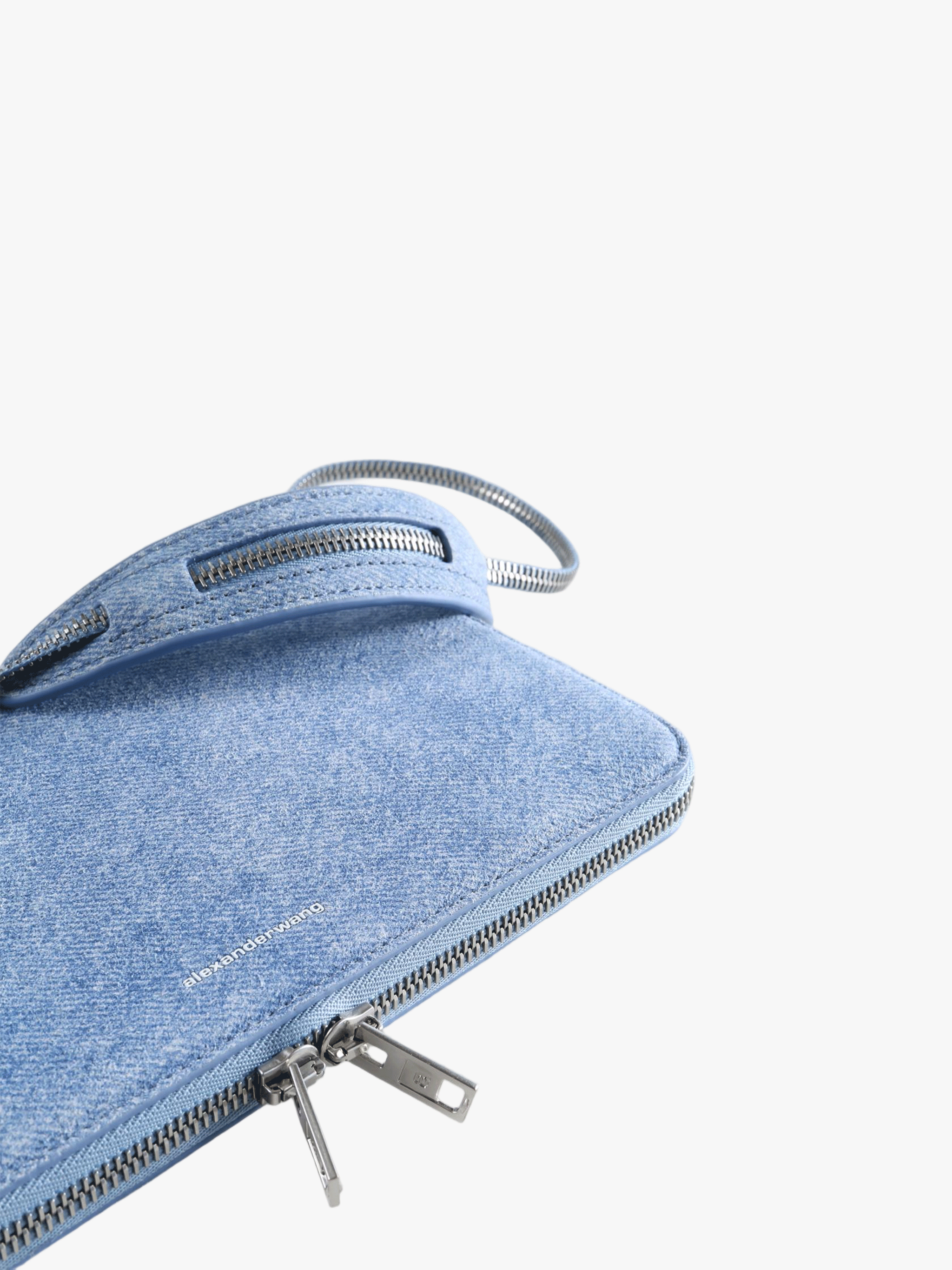 Close up of the blue bag, showing texture of the cotton fabric