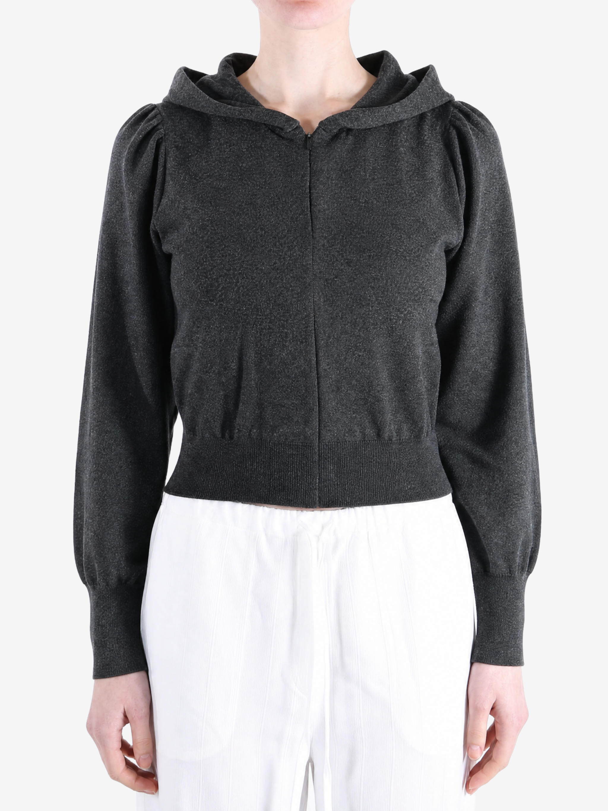 Grey hoodie worn by a person, showing the hoodie fit