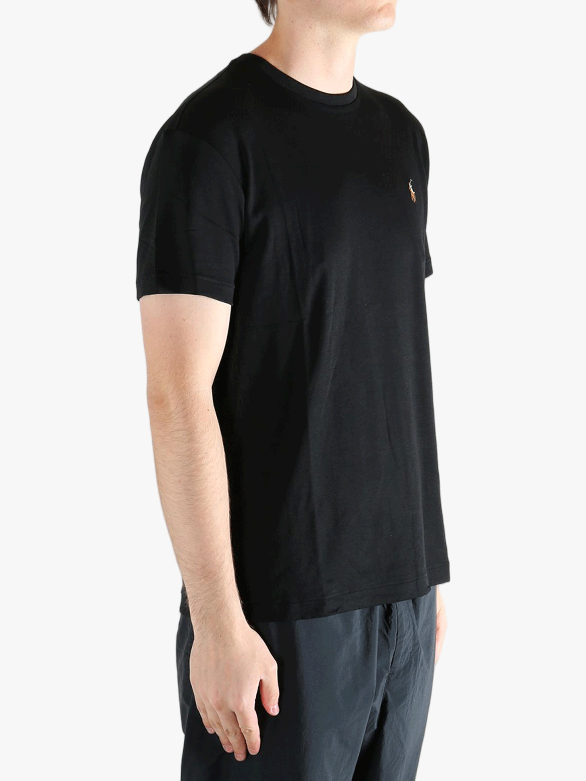 Black t-shirts worn by a person, showing the t-shirts fit