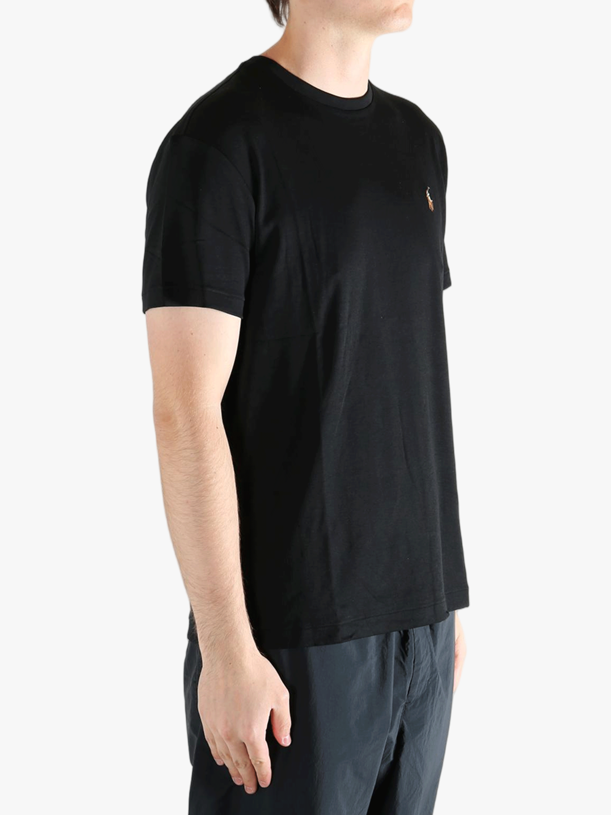 Black t-shirts worn by a person, showing the t-shirts fit