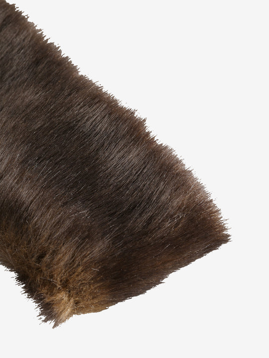 Close up of the brown hairband, showing texture of the fur fabric