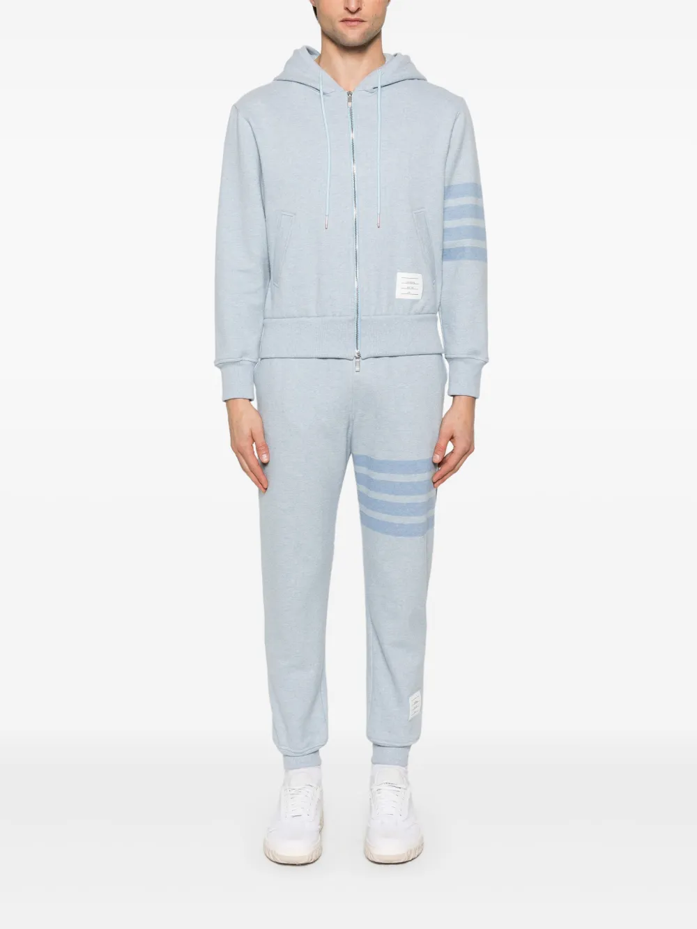 Blue hoodie, full body view