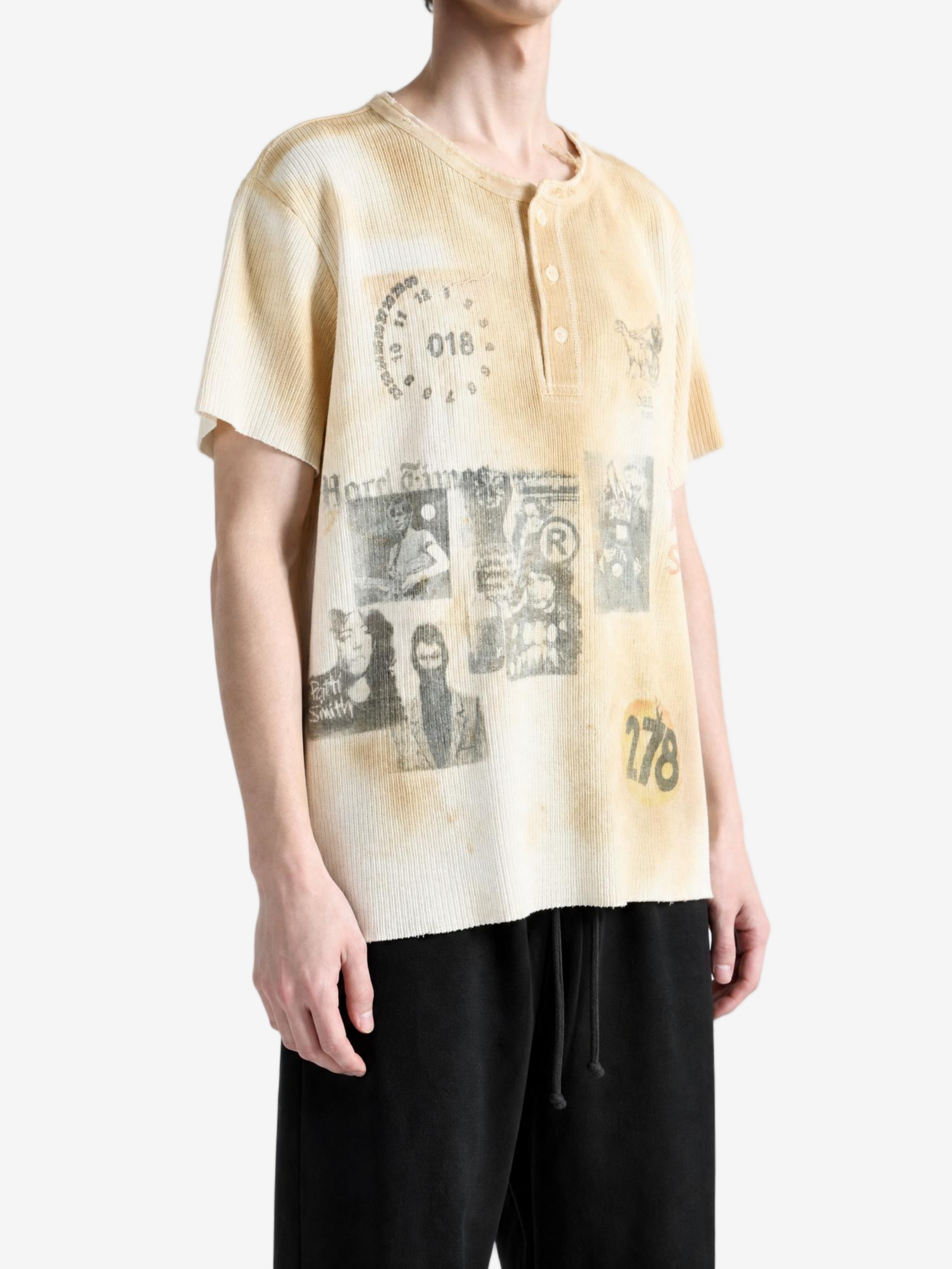 Tan t-shirt worn by a person, showing the t-shirt fit