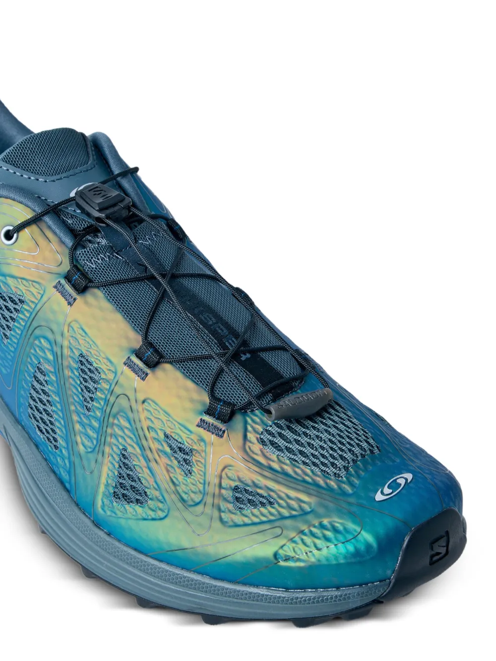  Blue sneakers, side view showing vertical stripes 
