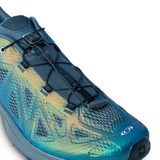  Blue sneakers, side view showing vertical stripes 
