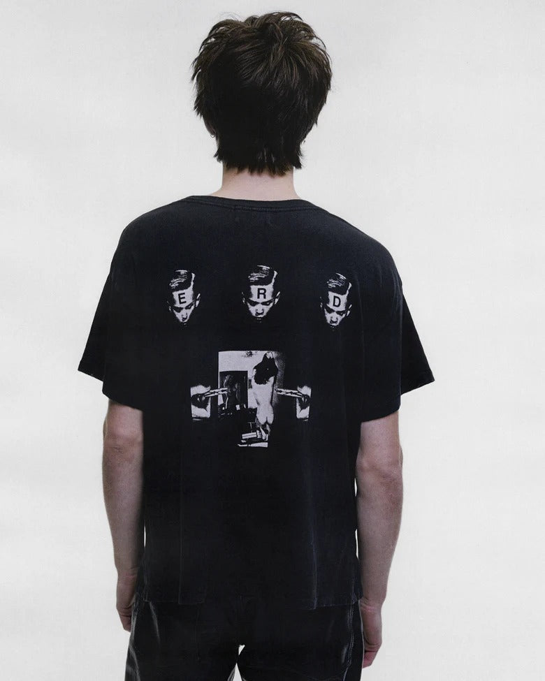 Black t-shirt, full body view