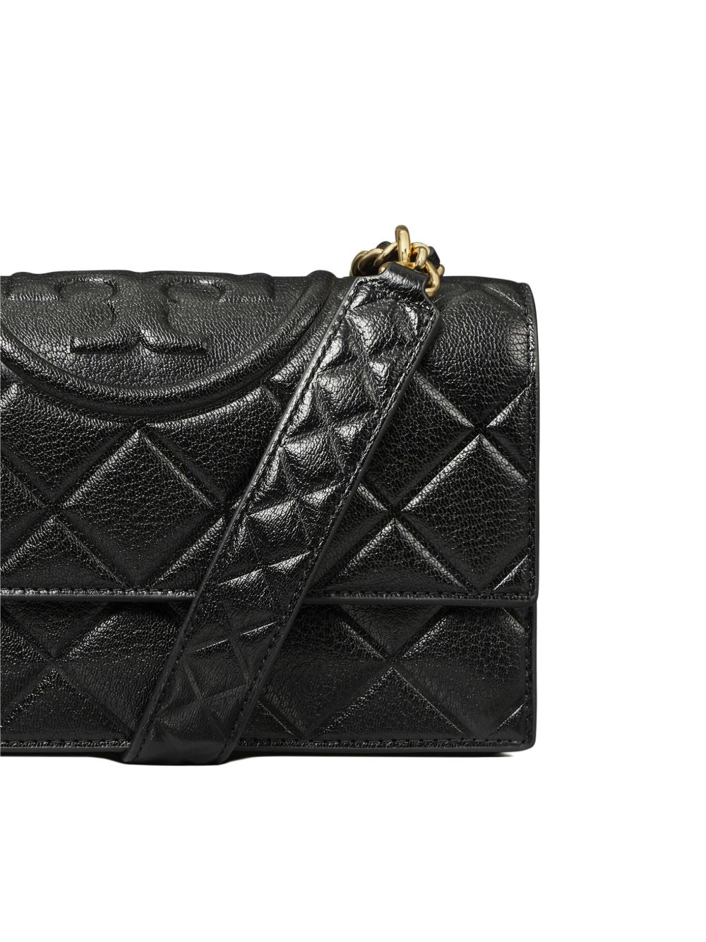 Close up of black bag, showing texture of the leather fabric