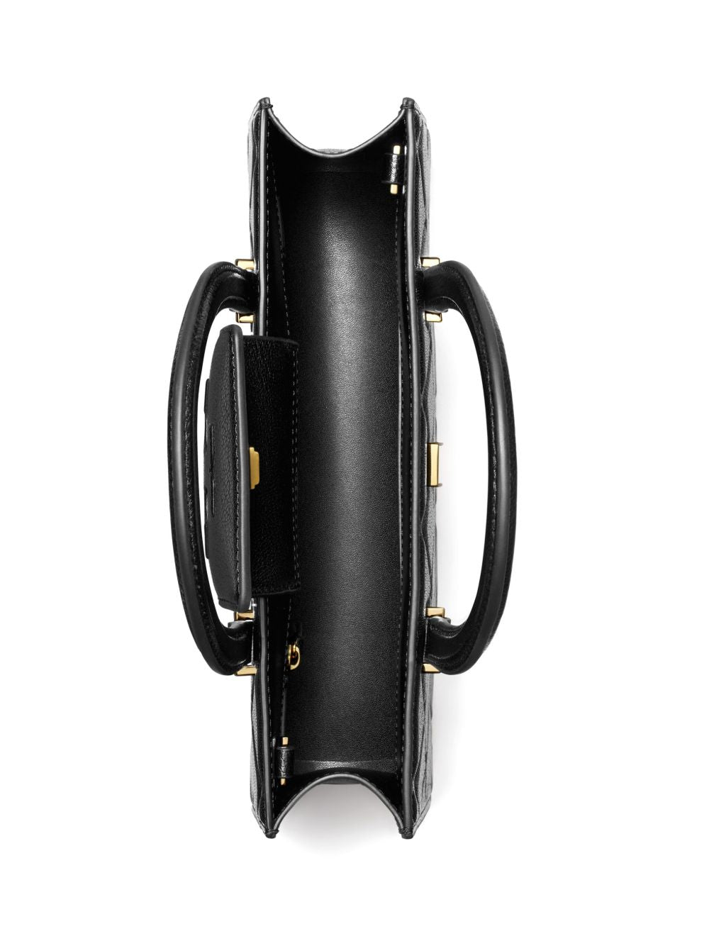 Close up of black bag, showing texture of the leather fabric