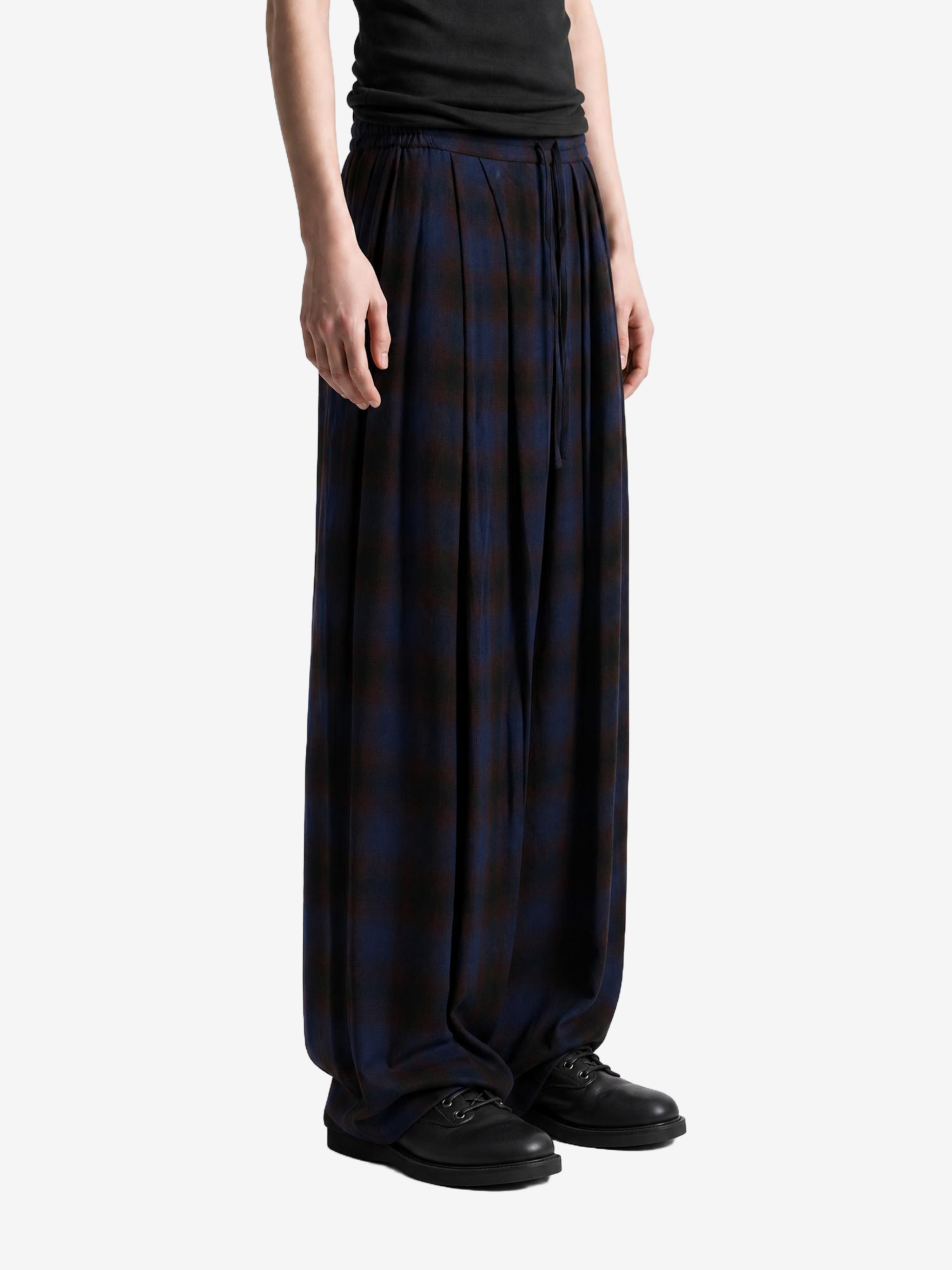 Navy pants, full body view