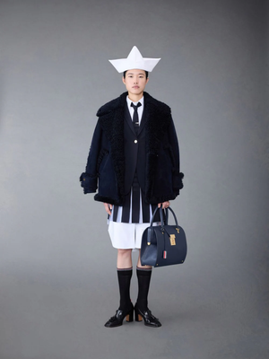 THOM BROWNE Women Pleated Mini Skirt W/ Combo Pleats in Engineered 4 Bar Weave Suiting