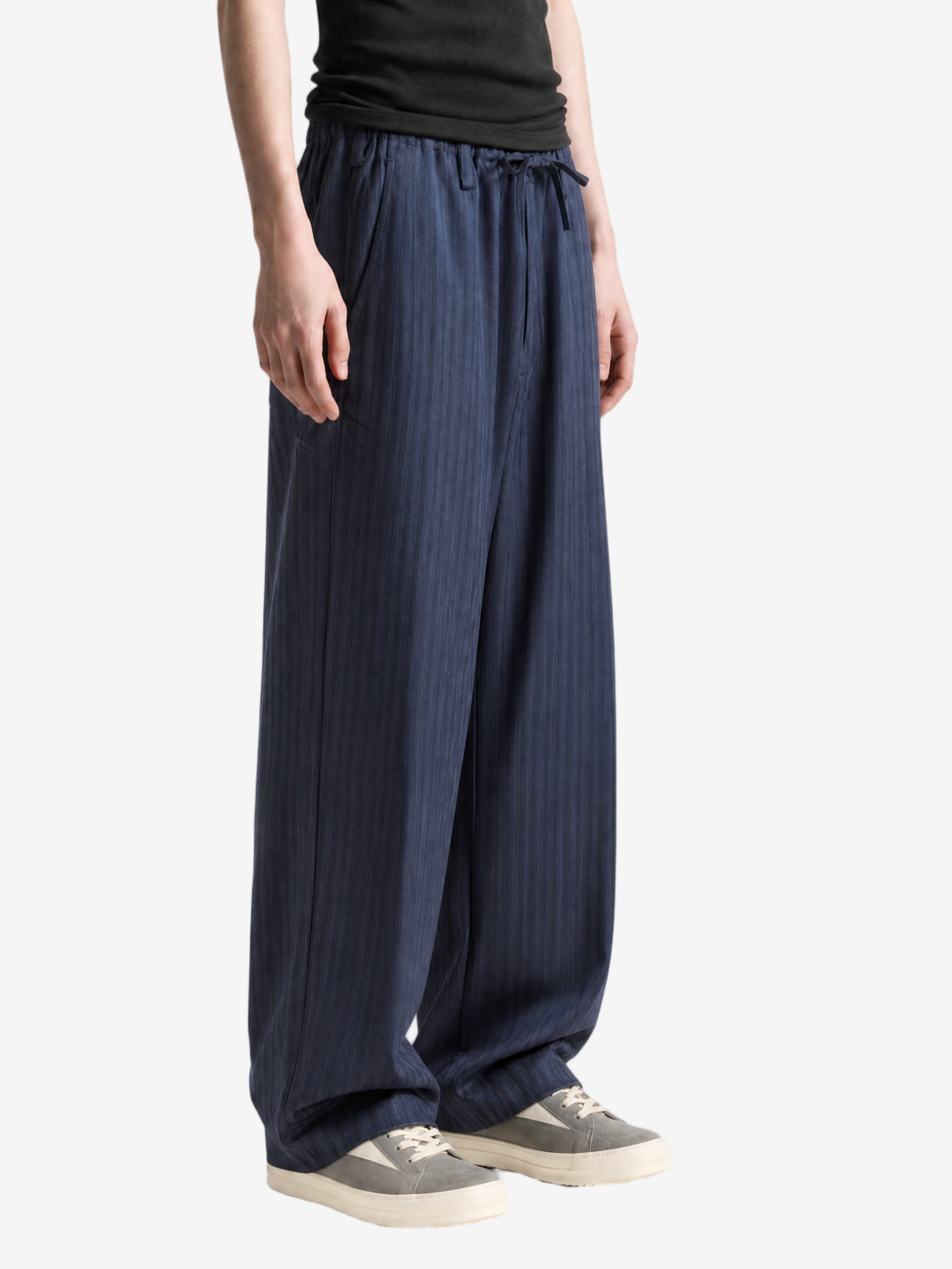 Navy pants, full body view