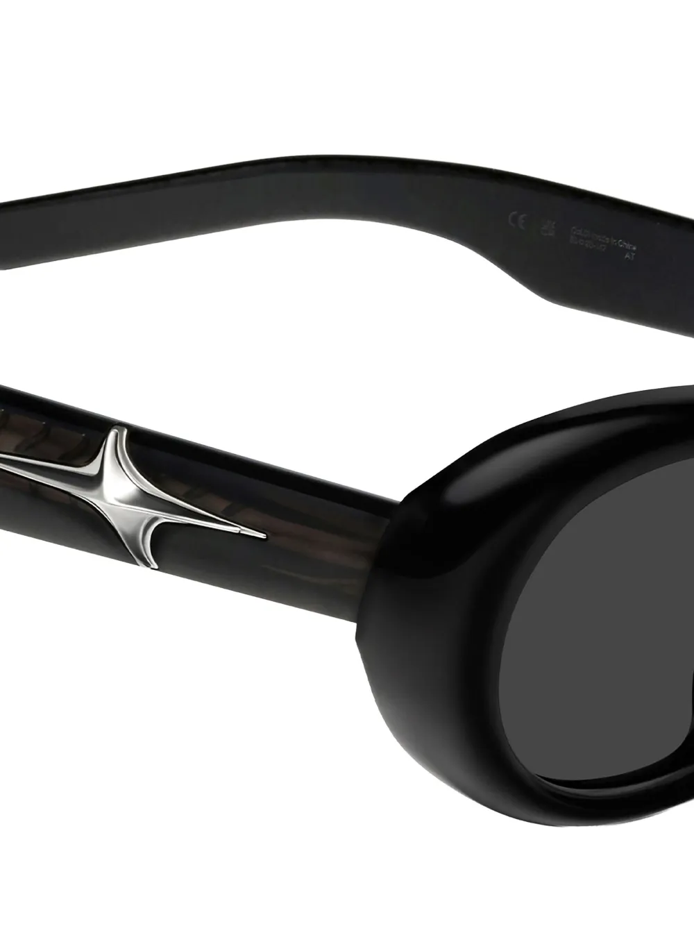 Close up of black eyewear, showing texture of the acetate fabric