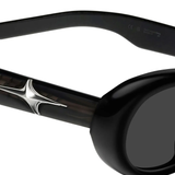 Close up of black eyewear, showing texture of the acetate fabric