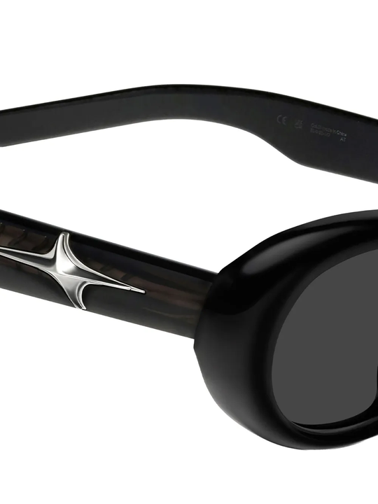 Close up of black eyewear, showing texture of the acetate fabric