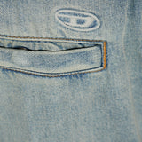 Close up of blue pants, showing texture of the cotton fabric